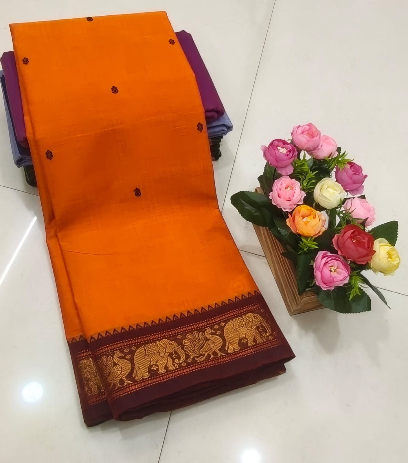 Saffron Orange Kanchi Cotton Saree with Elephant Motif Border
